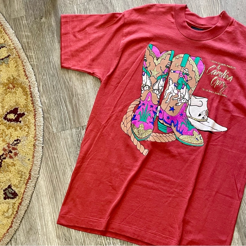 Vintage 1994 Diamond Dust Gold Sparkle Cowgirl Boots Print Carolina Opry T-Shirt - Picture 5 of 16